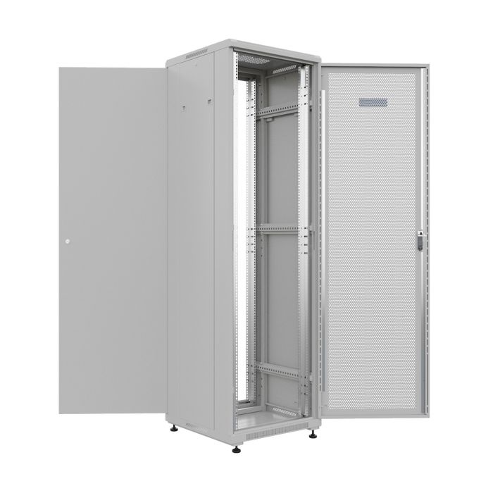 Шкаф напольный универсальный серверный NTSS R 47U 600х600мм, 4 профиля 19, двери перфорированная и сплошная металл, боковые стенки съемные, регулируемые опоры, разобранный, серый RAL 7035
