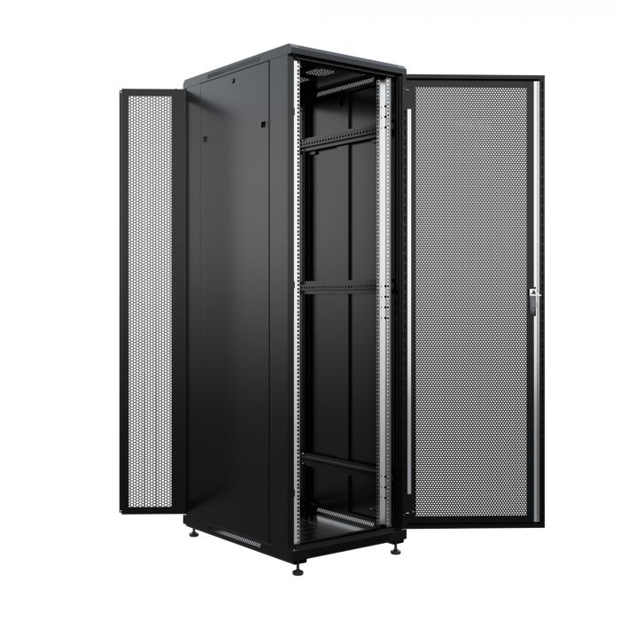 Шкаф напольный универсальный серверный NTSS R 47U 800х800мм, 4 профиля 19, двери перфорированная и перфорированная двухстворчатая, боковые стенки съемные, регулируемые опоры, разобранный, черный RAL 9005
