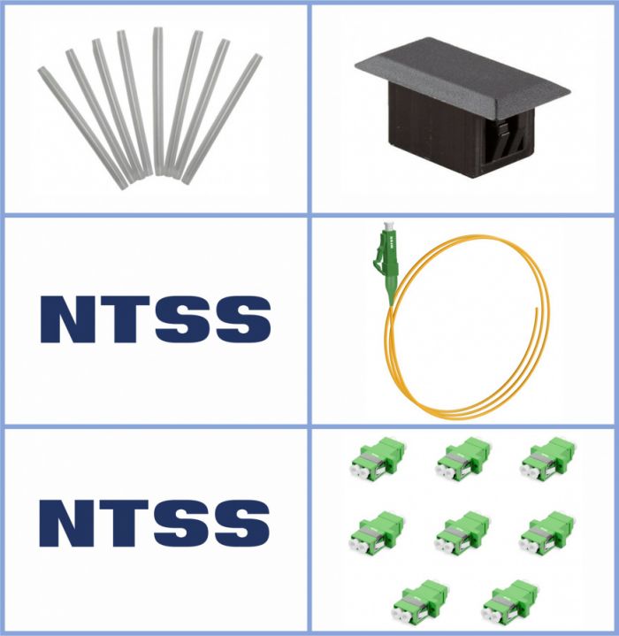 Кросс NTSS оптический настенный Микро 8, укомплектованный, 2 порта LC/APC duplex, 9/125 мкм (сплошная панель, ложемент, пигтейлы, КДЗС, адаптеры) серый RAL 7035