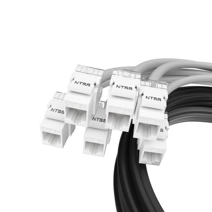 Кабельная сборка NTSS PREMIUM 12pc, U/FTP CAT6A, оконцована разъемами KEYSTONE RJ45 FTP CAT6A, заделка в чулке, вывод 0.6м, длина 7м, LSZH, серый