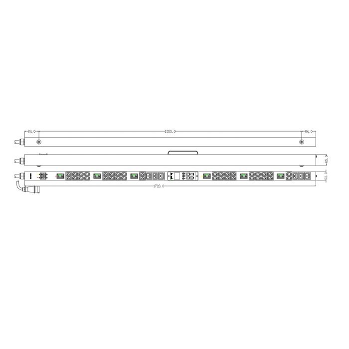 Блок распределения питания NTSS Switched, 1ф32А, 7.4кВт, 2 автоматических выключателя, розетки (36)С13, (6)С19, 3м кабель с вилкой IEC 60309, 1782х65х65 мм