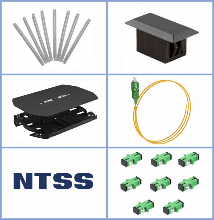 Кросс NTSS оптический 19'' укомплектованный 1U, 32 порта SC/APC, 9/125 мкм (сплошная панель, сплайс-кассета, пигтейлы, КДЗС, адаптеры) черный RAL 9005