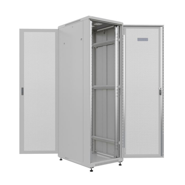 Шкаф напольный универсальный серверный NTSS R 18U 600х800мм, 4 профиля 19, двери перфорированная и перфорированная, боковые стенки съемные, регулируемые опоры, разобранный, серый RAL 7035