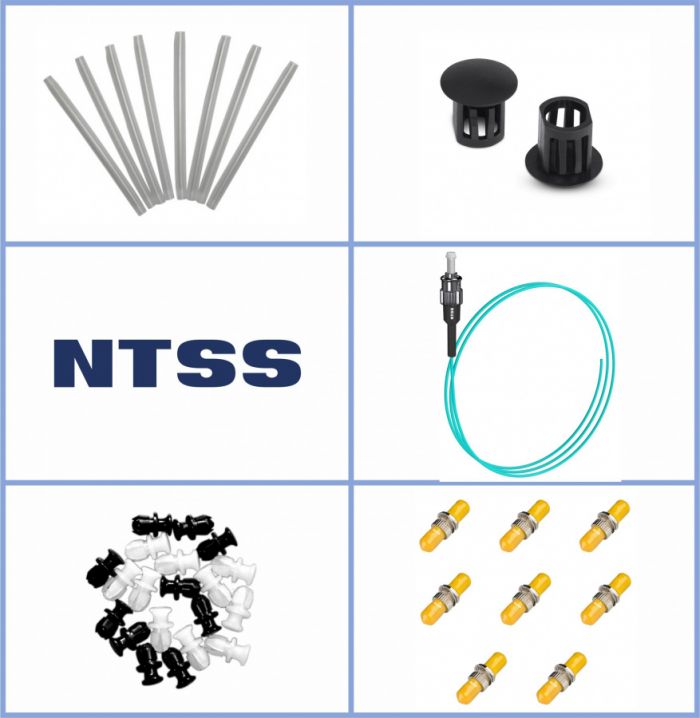 Кросс NTSS оптический настенный Мини, укомплектованный, 8 портов ST/UPC, 50/125 мкм ОМ3 (планка, ложемент, пигтейлы, КДЗС, адаптеры) серый RAL 7035