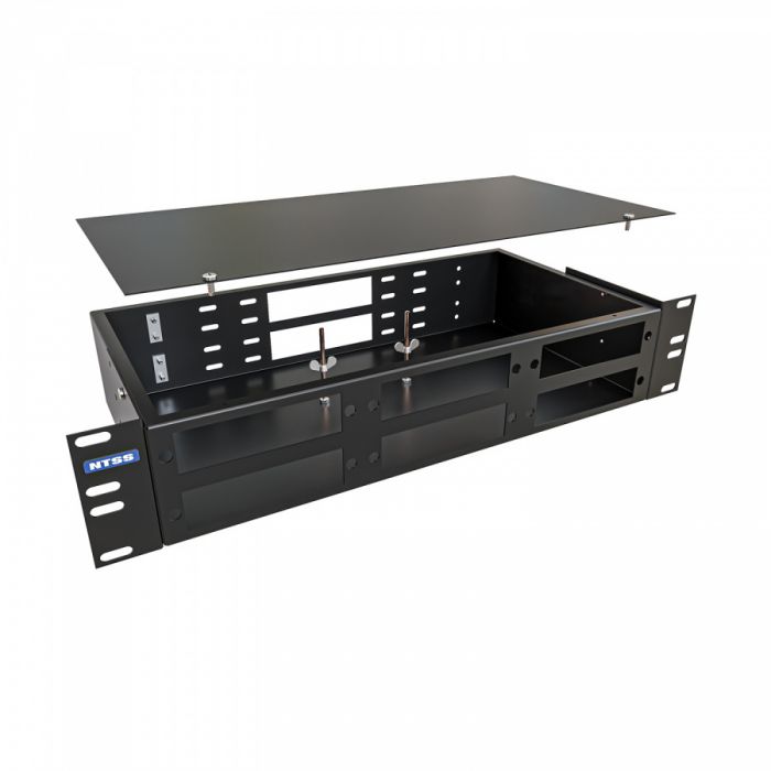 Кросс NTSS оптический 19'' укомплектованный 2U, 32 порта LC/UPC duplex, 50/125 мкм ОМ4 (планки, сплайс-кассета 2шт, пигтейлы, КДЗС, адаптеры) черный RAL 9005