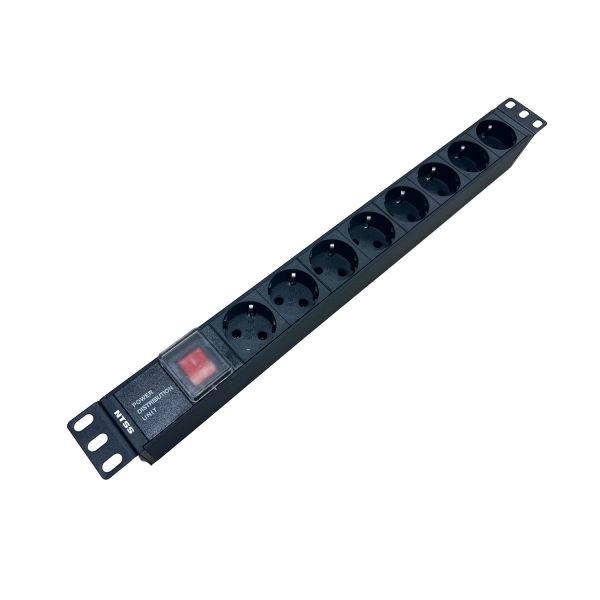 Блок розеток NTSS, 19", 1U, пластик, 1ф10A, 2.3кВт, (8) Schuko CEE 7/7, выкл. с подсв.и  крыш., вх. 60320 С14