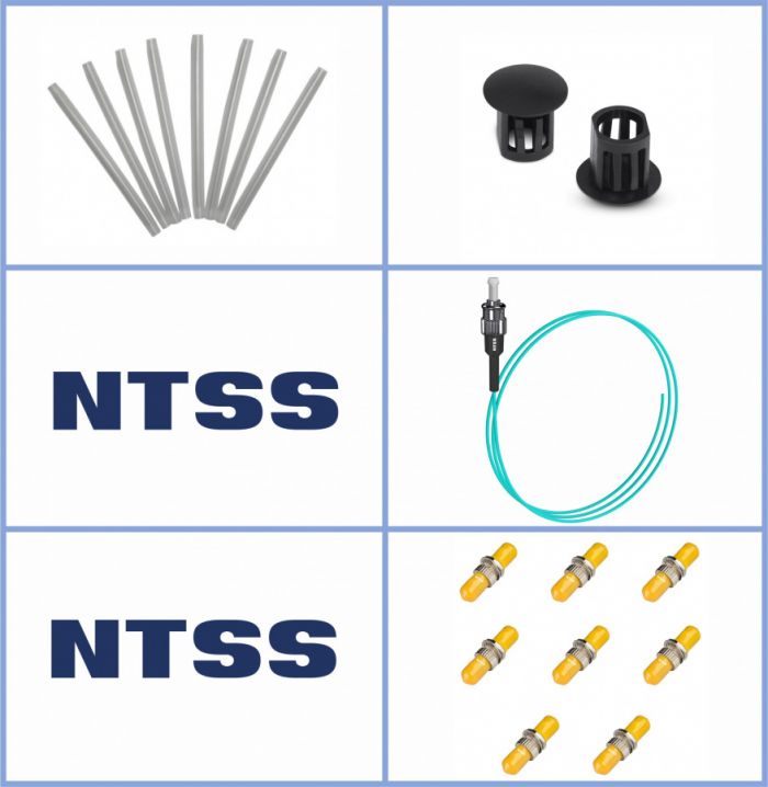 Кросс NTSS оптический настенный Микро 8, укомплектованный, 4 порта ST/UPC, 50/125 мкм ОМ3 (сплошная панель, ложемент, пигтейлы, КДЗС, адаптеры) серый RAL 7035