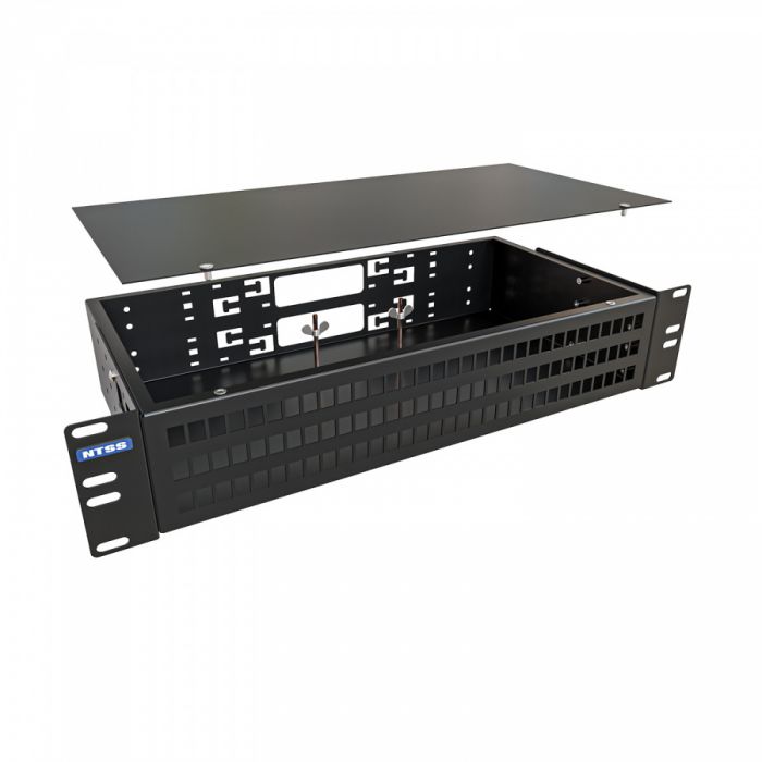 Кросс NTSS оптический 19'' укомплектованный 2U, 96 портов LC/UPC duplex, 9/125 мкм (сплошная панель, сплайс-кассета 6шт, пигтейлы, КДЗС, адаптеры) черный RAL 9005