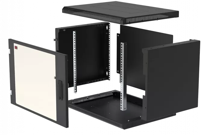 Шкаф телекоммуникационный настенный разборный черный 19”,9U(600x350), ШТ-НСр-9U-600-350-С-Ч дверь стекло ССД