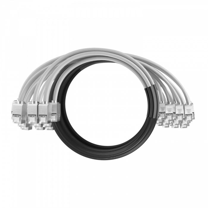 Кабельная сборка NTSS PREMIUM 24pc, S/FTP CAT6A, оконцована разъемами KEYSTONE RJ45 FTP CAT6A, заделка в чулке, вывод 0.6м, длина 3м, LSZH, серый