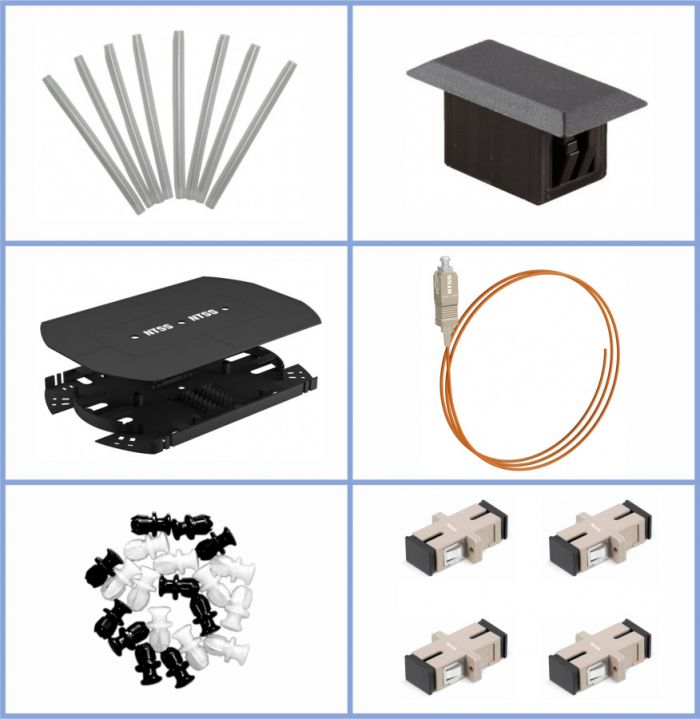 Кросс NTSS оптический 19'' укомплектованный 1U, 4 порта SC/UPC, 50/125 мкм (планки, сплайс-кассета, пигтейлы, КДЗС, адаптеры) серый RAL 7035