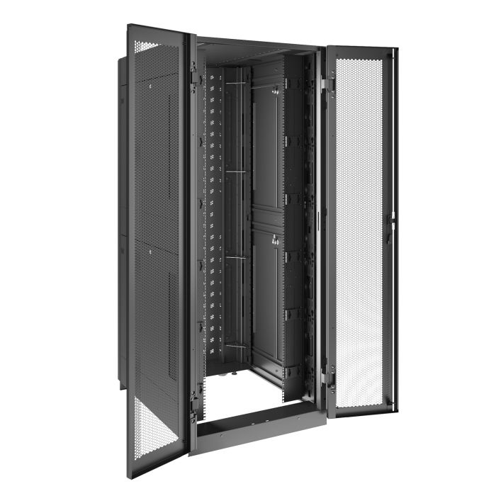 Шкаф напольный для ЦОД серверный NTSS ПРОЦОД PCM-V2 45U 600х1200мм, 4 профиля 19, двойные боковые стенки, панель потолка с вводами, без панели пола, двери перфорированная и перфорированная двухстворчатая, регулируемые опоры, ролики, сварной каркас, черный RAL 9005