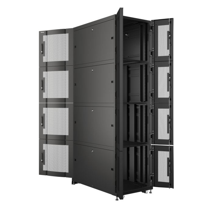 Шкаф напольный серверный NTSS CoDS 42U 600х1070мм, 4 секции по 9U, двойные боковые стенки, панель потолка и пола с щеточными вводами, двери перфорированная и перфорированная двухстворчатая, регулируемые опоры, ролики, черный RAL 9005