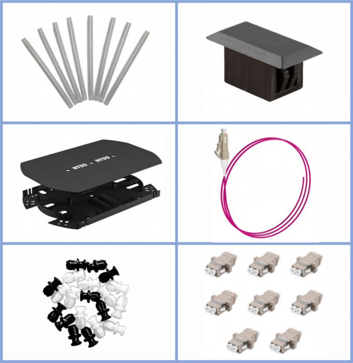 Кросс NTSS оптический 19'' укомплектованный 1U, 24 порта LC/UPC duplex, 50/125 мкм ОМ4 (планки, сплайс-кассета 2шт, пигтейлы, КДЗС, адаптеры) серый RAL 7035