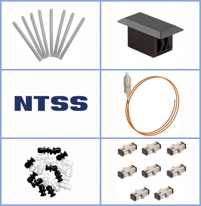 Кросс NTSS оптический настенный Мини, укомплектованный, 8 портов SC/UPC, 62.5/125 мкм (планка, ложемент, пигтейлы, КДЗС, адаптеры) серый RAL 7035