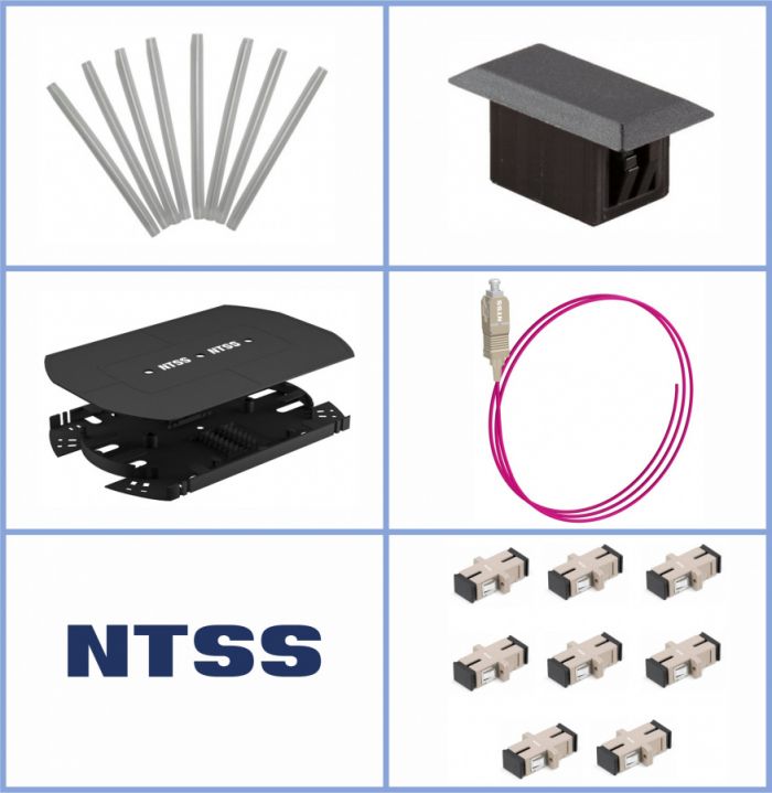 Кросс NTSS оптический 19'' укомплектованный 2U, 64 порта SC/UPC, 50/125 мкм ОМ4 (сплошная панель, сплайс-кассета 2шт, пигтейлы, КДЗС, адаптеры) черный RAL 9005