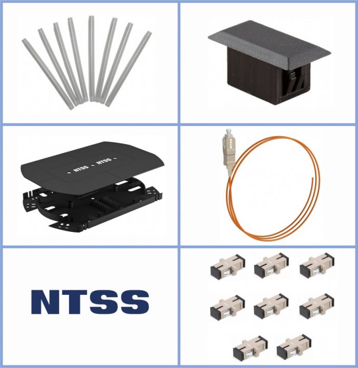 Кросс NTSS оптический 19'' укомплектованный 2U, 64 порта SC/UPC, 50/125 мкм (сплошная панель, сплайс-кассета 2шт, пигтейлы, КДЗС, адаптеры) серый RAL 7035