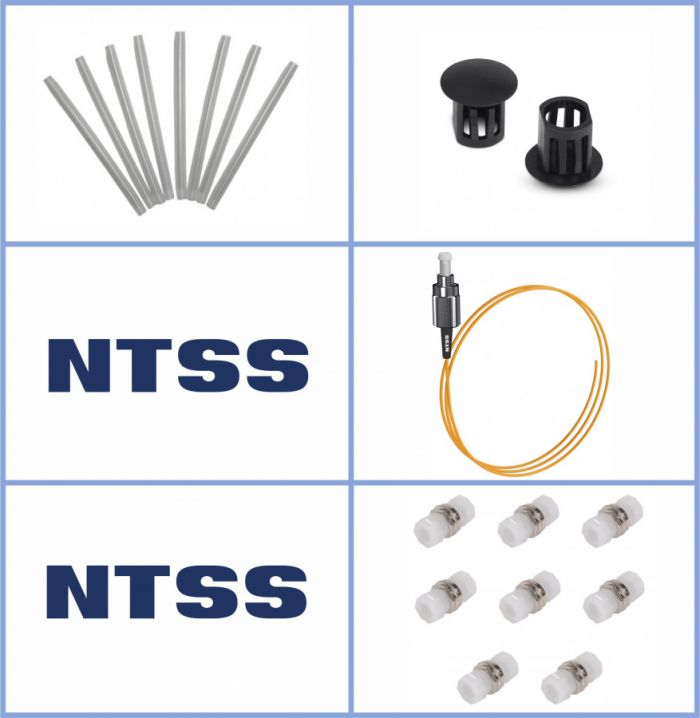 Кросс NTSS оптический настенный Микро 8, укомплектованный, 4 порта FC/UPC, 9/125 мкм (сплошная панель, ложемент, пигтейлы, КДЗС, адаптеры) серый RAL 7035