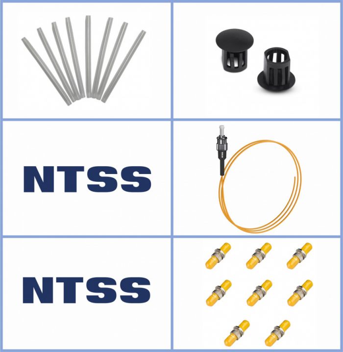 Кросс NTSS оптический настенный Микро 8, укомплектованный, 4 порта ST/UPC, 9/125 мкм (сплошная панель, ложемент, пигтейлы, КДЗС, адаптеры) серый RAL 7035