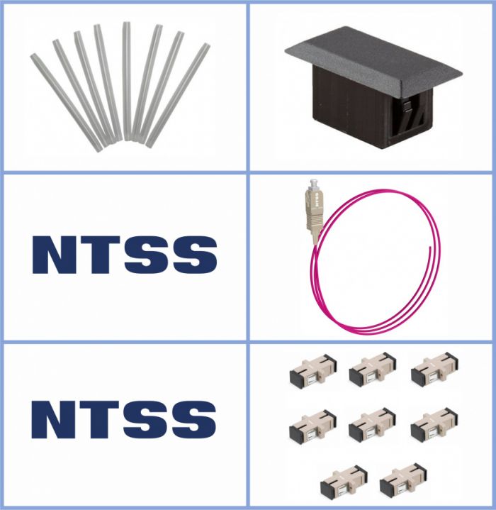 Кросс NTSS оптический настенный Микро 8, укомплектованный, 4 порта SC/UPC, 50/125 мкм ОМ4 (сплошная панель, ложемент, пигтейлы, КДЗС, адаптеры) серый RAL 7035