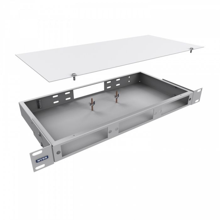 Кросс NTSS оптический 19'' укомплектованный 1U, 2 порта LC/UPC duplex, 9/125 мкм (планки, сплайс-кассета, пигтейлы, КДЗС, адаптеры) серый RAL 7035