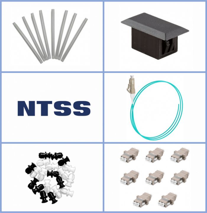 Кросс NTSS оптический настенный Мини, укомплектованный, 2 порта LC/UPC duplex, 50/125 мкм ОМ3 (планка, ложемент, пигтейлы, КДЗС, адаптеры) серый RAL 7035