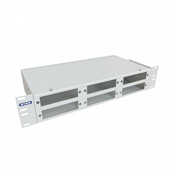 Кросс NTSS оптический 19'' укомплектованный 2U, 48 портов LC/UPC duplex, 50/125 мкм ОМ3 (планки, сплайс-кассета 3шт, пигтейлы, КДЗС, адаптеры) серый RAL 7035