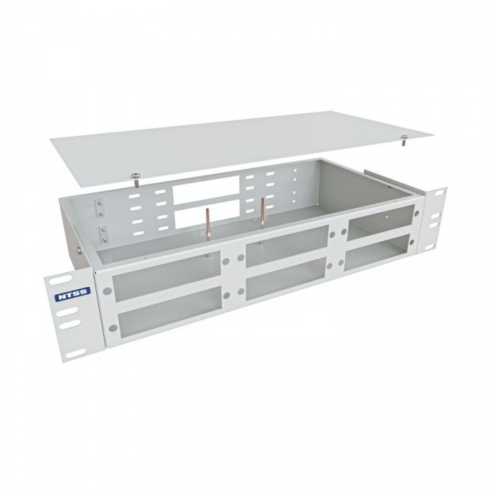 Кросс NTSS оптический 19'' укомплектованный 2U, 32 порта LC/APC duplex, 9/125 мкм (планки, сплайс-кассета 2шт, пигтейлы, КДЗС, адаптеры) серый RAL 7035