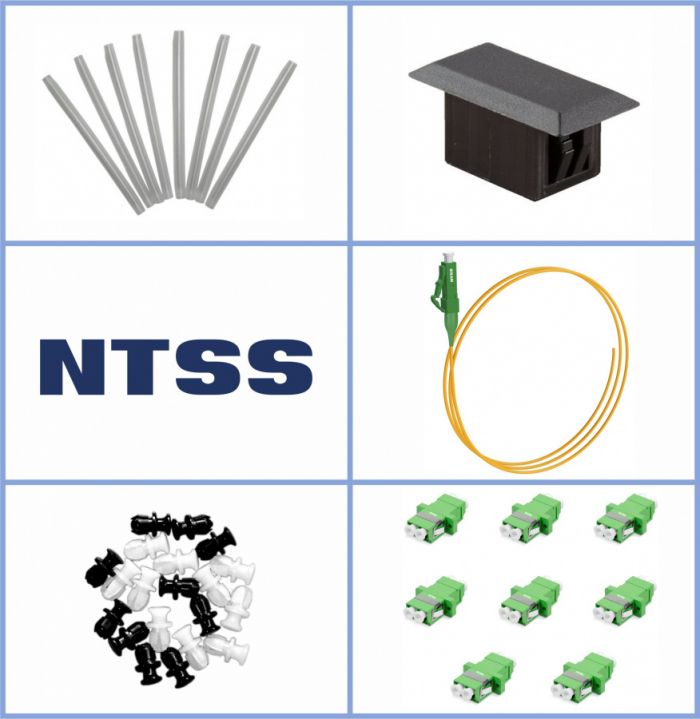 Кросс NTSS оптический настенный Мини, укомплектованный, 8 портов LC/APC duplex, 9/125 мкм (планка, ложемент, пигтейлы, КДЗС, адаптеры) серый RAL 7035