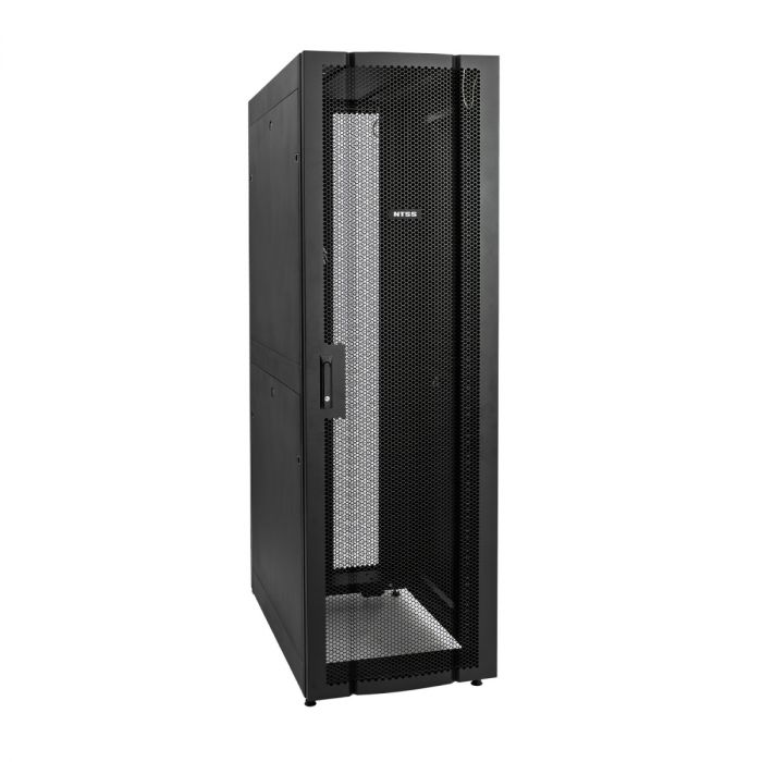 Шкаф напольный серверный NTSS ПРОЦОД DS 48U 750х1070мм, двойные боковые стенки, панель потолка с щеточными вводами, двери перфорированная и перфорированная двухстворчатая, без панели пола, регулируемые опоры, ролики, черный RAL 9005