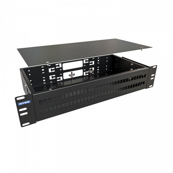 Кросс NTSS оптический 19'' укомплектованный 2U, 64 порта LC/APC duplex, 9/125 мкм (сплошная панель, сплайс-кассета 4шт, пигтейлы, КДЗС, адаптеры) черный RAL 9005