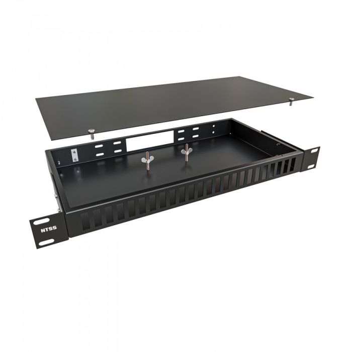 Кросс NTSS оптический 19'' укомплектованный 1U, 24 порта SC/UPC duplex, 62.5/125 мкм (сплошная панель, сплайс-кассета 2шт, пигтейлы, КДЗС, адаптеры) черный RAL 9005