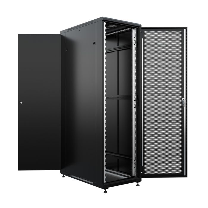 Шкаф напольный универсальный серверный NTSS R 42U 800х1000мм, 4 профиля 19, двери перфорированная и сплошная металл, боковые стенки съемные, регулируемые опоры, разобранный, черный RAL 9005