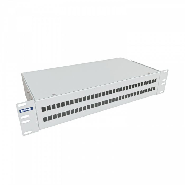 Кросс NTSS оптический 19'' укомплектованный 2U, 64 порта LC/UPC duplex, 62.5/125 мкм (сплошная панель, сплайс-кассета 4шт, пигтейлы, КДЗС, адаптеры) серый RAL 7035