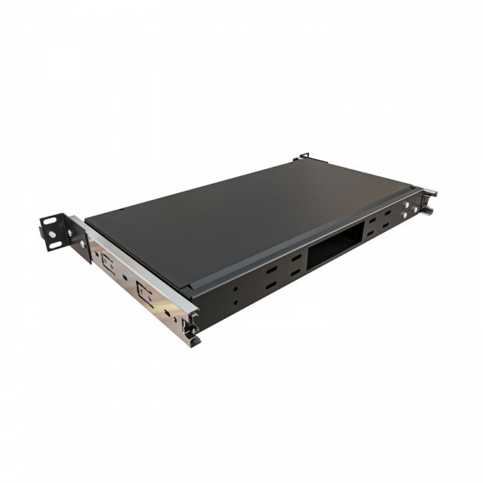 Кросс NTSS оптический выдвижной 19'' укомплектованный 1U, 16 портов ST/UPC, 9/125 мкм (планки, сплайс-кассета, пигтейлы, КДЗС, адаптеры) черный RAL 9005