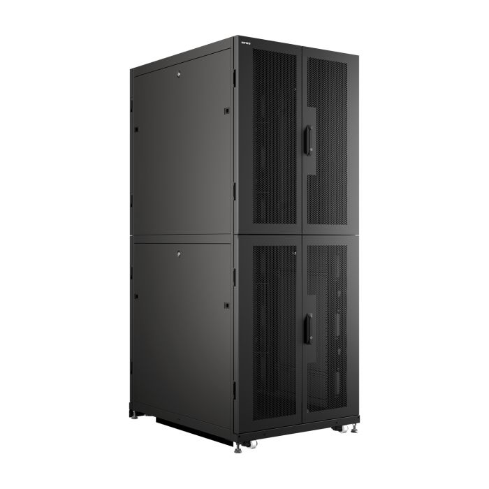 Шкаф напольный серверный NTSS CoDS 42U 750х1200мм, 2 секции по 20U, двойные боковые стенки, панель потолка и пола с щеточными вводами, двери перфорированная и перфорированная двухстворчатая, регулируемые опоры, ролики, черный RAL 9005