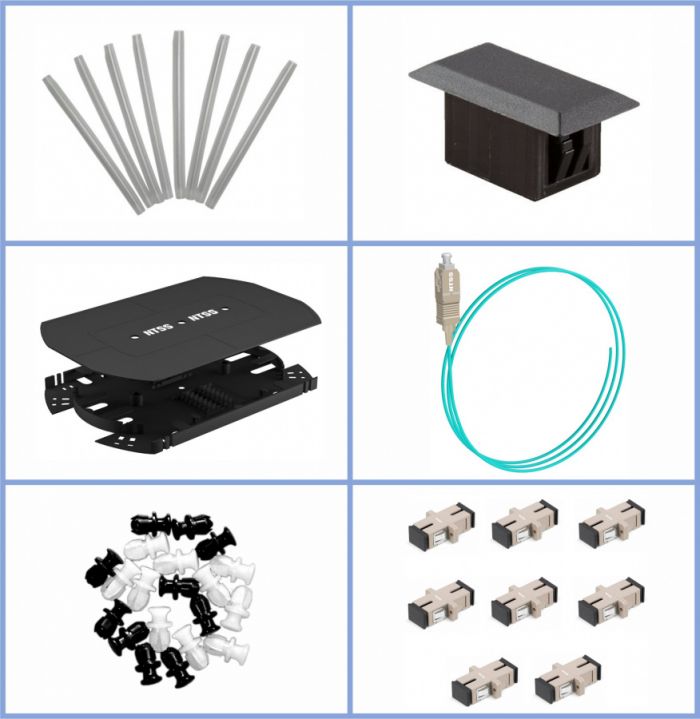 Кросс NTSS оптический 19'' укомплектованный 1U, 8 портов SC/UPC, 50/125 мкм ОМ3 (планки, сплайс-кассета, пигтейлы, КДЗС, адаптеры) серый RAL 7035